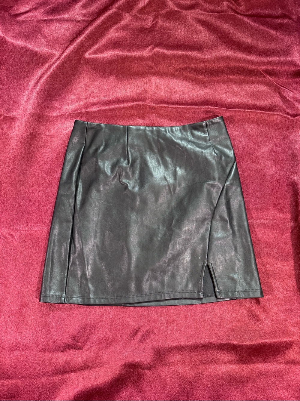 The Impeccable Pig Black Faux Leather Mini Skirt with Small Front Slit